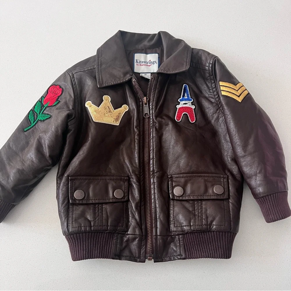 Kitestrings By Hartstrings Kids Bomber Jacket Brown Faux Leather Patches Size 3T